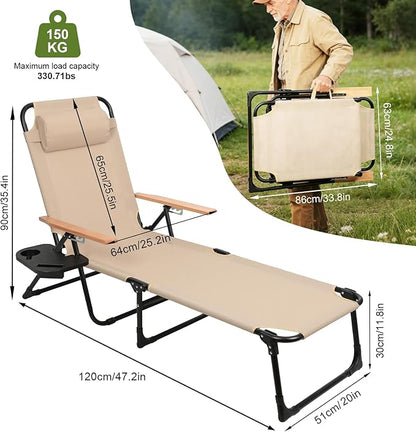 Folding Lounge Chairs for Outside, Beach Patio Lounge Chair, Sunbathing/Tanning Chair with 4 Adjustable Backrest & Cup & Pillow,Holds 330 Lb, Outdoor Garden Pool (Beige)