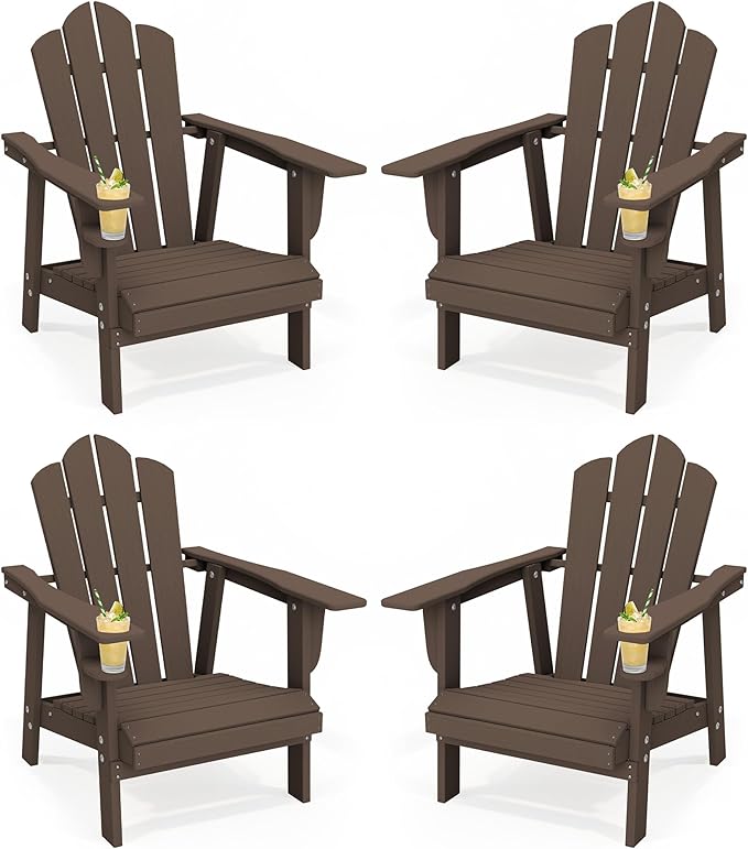 PROHIKER Adirondack Chair with Cup Holder, Plastic Patio Chair, All Weather Outdoor Chairs for Fire Pit Lawn Garden Porch Backyard (Brown, 4 Pack)