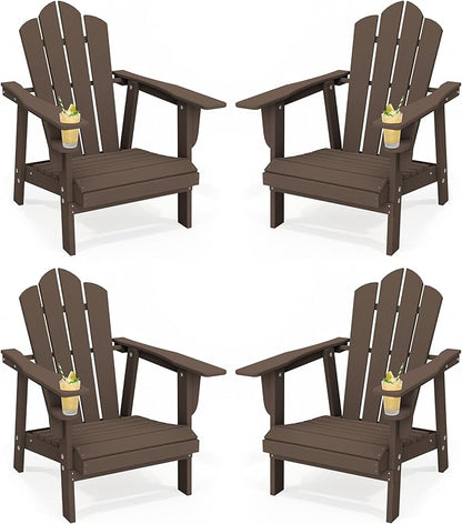 PROHIKER Adirondack Chair with Cup Holder, Plastic Patio Chair, All Weather Outdoor Chairs for Fire Pit Lawn Garden Porch Backyard (Brown, 4 Pack)