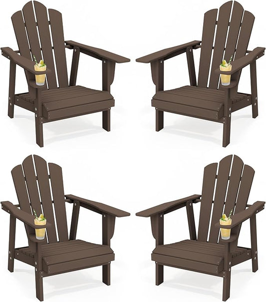 PROHIKER Adirondack Chair with Cup Holder, Plastic Patio Chair, All Weather Outdoor Chairs for Fire Pit Lawn Garden Porch Backyard (Brown, 4 Pack)