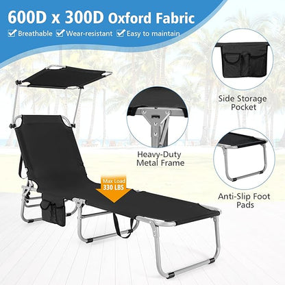 Goplus Tanning Chair, Foldable Beach Lounge Chair with 360°Canopy Sun Shade, Side Pocket, 5-Position Adjustable Outdoor Chaise Lounge Chair for Patio Pool Yard Lawn (2, Black)
