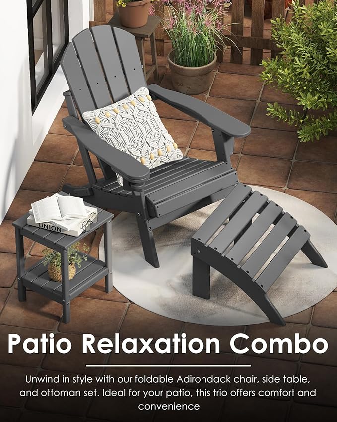 GREENVINES Folding-Adirondack-Chairs-Set-of-2 | HDPE Plastic | Fire Pit Chair | All Weather | Cup Holder | Grey | for Deck Backyard Patio Outdoor Garden