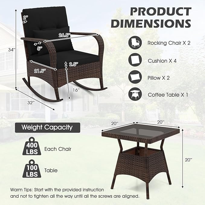 ORALNER 3 Pieces Patio Furniture Set, Outdoor Wicker Rocking Chairs with Cushions, Pillows, Glass Coffee Table, Rattan Bistro Rocker Set for Balcony Front Porch Poolside Garden Deck Yard (Black)