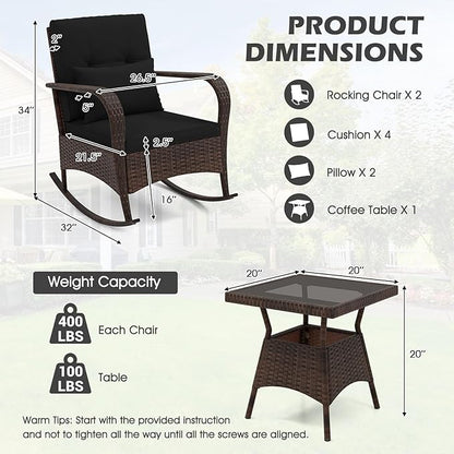 ORALNER 3 Pieces Patio Furniture Set, Outdoor Wicker Rocking Chairs with Cushions, Pillows, Glass Coffee Table, Rattan Bistro Rocker Set for Balcony Front Porch Poolside Garden Deck Yard (Black)
