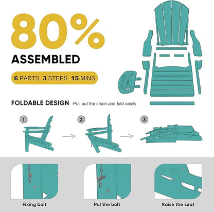 Adirondack Chair, HDPE Folding Adirondack Chair with Multifunctional Cup Holder, Weather Resistant Fire Pit Chair for porches, patios, patios, poolsides, Decks.