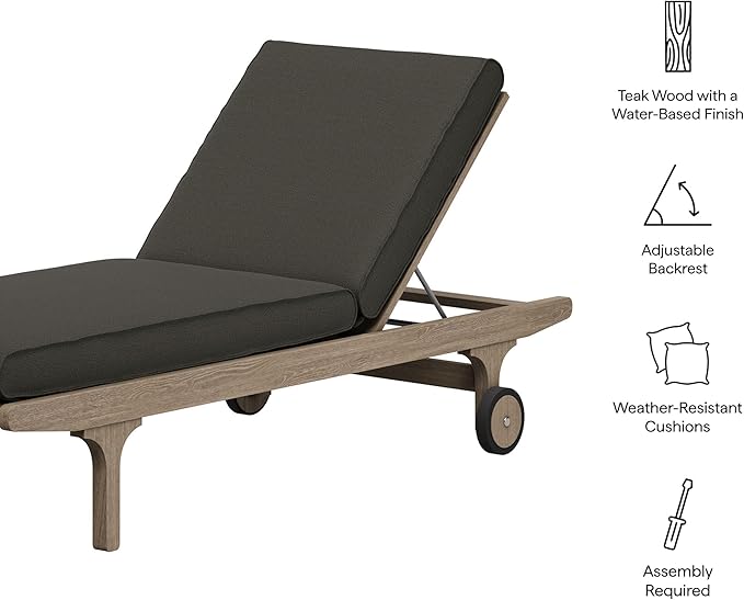 Modway Saratoga Teak Outdoor Chaise Lounge Chair in Flint Gray – Adjustable Wood Pool Lounge Chair with Wheels and Cushions