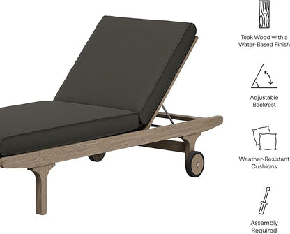 Modway Saratoga Teak Outdoor Chaise Lounge Chair in Flint Gray – Adjustable Wood Pool Lounge Chair with Wheels and Cushions