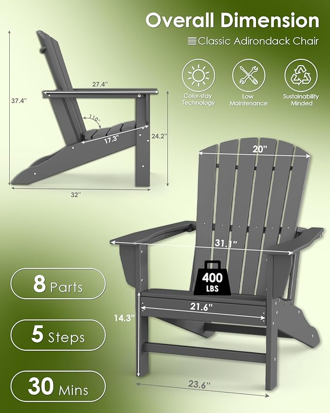 GREENVINES Adirondack Chairs Set of 2 | HDPE Plastic | Oversized Fire Pit Chair | All Weather | Grey | Poly Lumber | for Outdoor Deck Backyard Patio