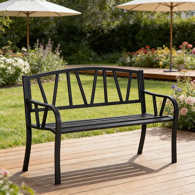50" Metal Garden Benches for Outside, Front Porch Bench with Smooth Armrests, Patio Yard Benches with Slatted Seat for Outdoors Park/Entryway/Backyard (Black)