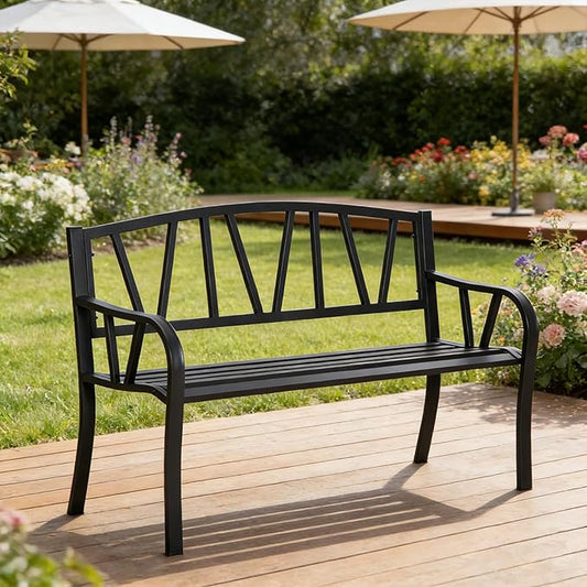 50" Metal Garden Benches for Outside, Front Porch Bench with Smooth Armrests, Patio Yard Benches with Slatted Seat for Outdoors Park/Entryway/Backyard (Black)