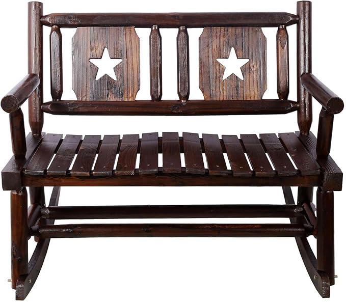 Rustic Double Rocking Chair with Star Design - Solid Wood Outdoor Bench for Porch, Patio, and Garden - Comfortable 2-Person Rocker