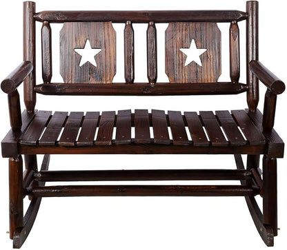 Rustic Double Rocking Chair with Star Design - Solid Wood Outdoor Bench for Porch, Patio, and Garden - Comfortable 2-Person Rocker