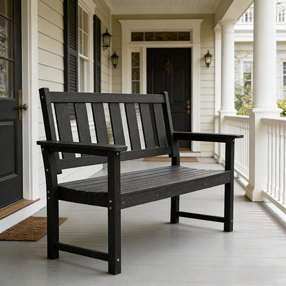 HDPE Outdoor Bench – 50'' Weatherproof Durable Garden Bench, 2-Person Park Bench, Multi-Purpose Design Ideal for Porch, Patio, Church, and School (Black)