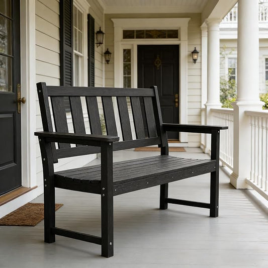 HDPE Outdoor Bench – 50'' Weatherproof Durable Garden Bench, 2-Person Park Bench, Multi-Purpose Design Ideal for Porch, Patio, Church, and School (Black)