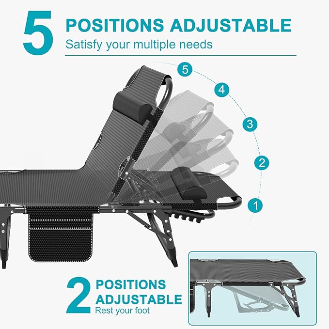 ABORON Heavy Duty Tanning Chair, 5-Gear Outdoor Folding Chaise Lounge Chair with Cushion,Portable Beach Lounge Chair for Outdoor Sunbathing Patio Pool Lawn Deck Poolside (Purplish Blue)