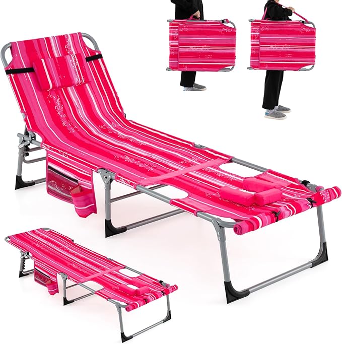 Giantex Tanning Chair, 330Lbs Patio Lounge Chair with 5 Adjustable Position, Face & Arm Hole, Hand/Shoulder Strap, Removable Pillow, Side Pocket, Chaise Lounger for Beach Sunbathing Outdoor