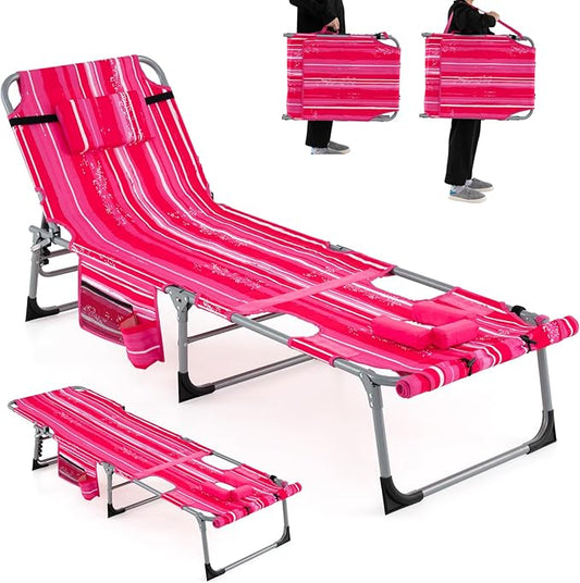Giantex Set of 2 Tanning Chair, 5-Position Adjustable Beach Chair with Face & Arm Hole, Hand/Shoulder Strap, Removable Pillow, Side Pocket, Load 330 Lbs, Sunbathing Chairs, Lounge Chairs Outdoor