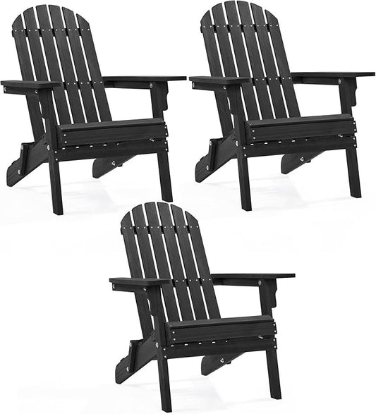 Yaheetech Folding Adirondack Chair Set of 3 Outdoor, 300LBS Solid Wood Garden Chair Weather Resistant, Fire Pit Lounge Chairs for Garden/Yard/Patio/Lawn, Black