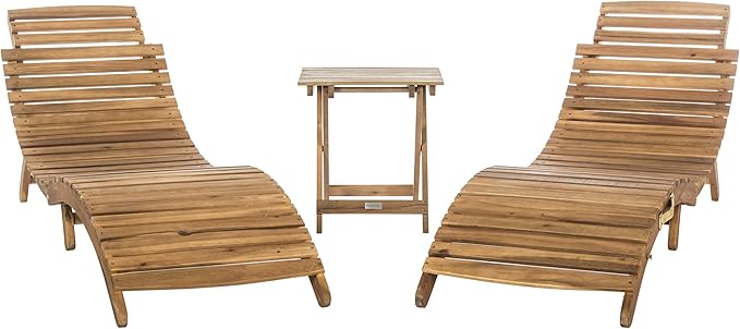 SAFAVIEH Outdoor Collection Pacifica Natural Brown Solid Wood/Navy Cushion 3-Piece Chaise Lounge Set with Table (PAT7020C)