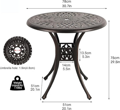 COBANA Patio Bistro Table, 31’’ Round Cast Aluminum Outdoor Dining Retro Side Table with 2’’ Umbrella Hole, Bronze
