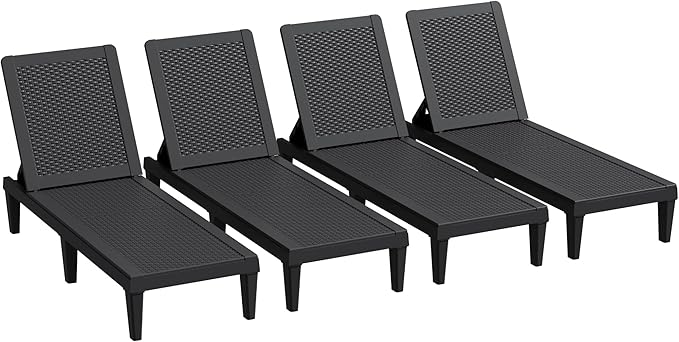 Greesum Outdoor Chaise Lounge Chairs Set of 4 with 5-Position Adjustable Backrest, Waterproof PP Sun Loungers for Garden Pool Beach Patio Deck Sunbathing, Black