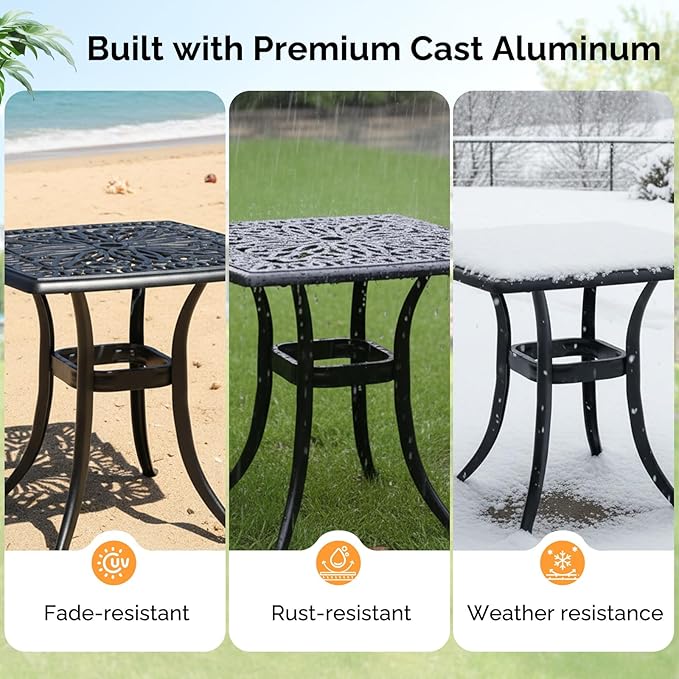 VINGLI 21” Outdoor Side Table, Cast Aluminum All-Weather Patio Side Table Small Outdoor Table Bistro Table for Outside, Porch, Balcony, Patio (Black)