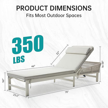 Aluminum Outdoor Lounge Chaise Chair with 2" Thick Cushion & Pillow, 5-Position Adjustable Patio Chaise Lounge with Wheels, 350lbs Capacity Pool Sun Lounge for Deck, Backyard, Beach (1 Chair)