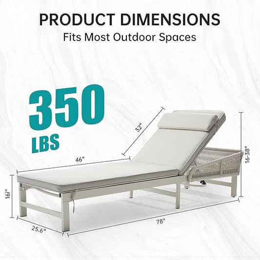 Aluminum Outdoor Lounge Chaise Chair with 2" Thick Cushion & Pillow, 5-Position Adjustable Patio Chaise Lounge with Wheels, 350lbs Capacity Pool Sun Lounge for Deck, Backyard, Beach (1 Chair)