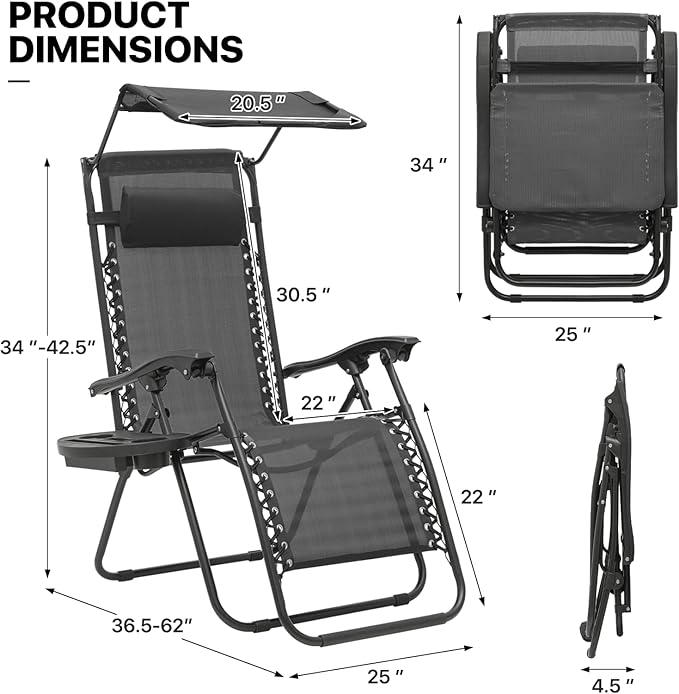 MoNiBloom Zero Gravity Chair with Canopy Shade, Patio Anti Gravity Recliner - Photo 3