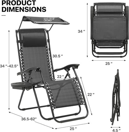 MoNiBloom Zero Gravity Chair with Canopy Shade, Patio Anti Gravity Recliner, Foldable Outdoor Lounger with Cup Holder Tray and Headrest for Beach Camping, Black