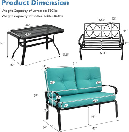 Giantex Patio Loveseat with Coffee Table Outdoor Bench with Cushion and Metal Frame, Loveseat Porch Furniture Set Sofa for Garden, Yard, Patio or Poolside