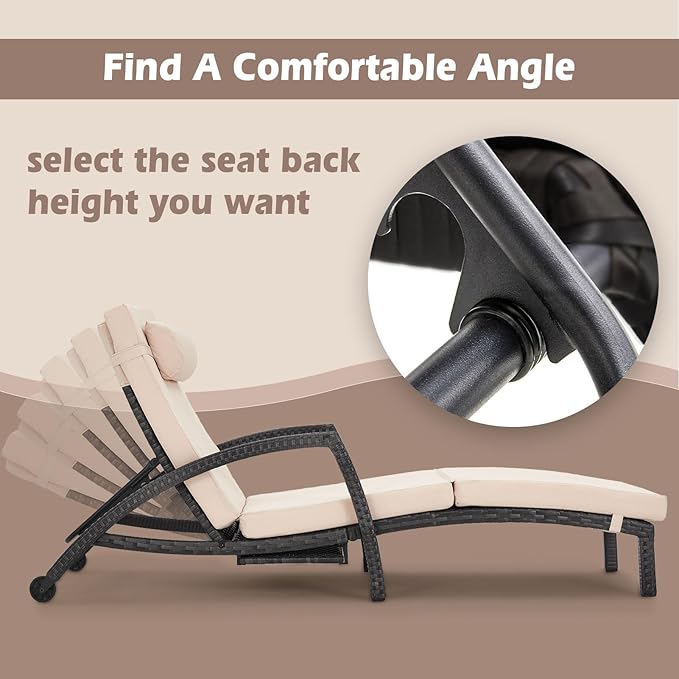 Chaise Lounge Chairs Outdoor Comfy Outside Wicker Patio Pool Lounge Chair w/ 5 Adjustable Back Angle Cup Holder Thicken - Photo 4