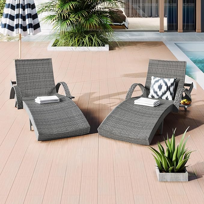 Yayzy 80'' Long Outdoor Wicker Chaise Lounge Chairs Set of 4, Patio Rattan Reclining Chair with Adjustable Backrest & Armrests, Durable PE Rattan Sunbathing Chairs for Pool, Garden, Backyard, Grey