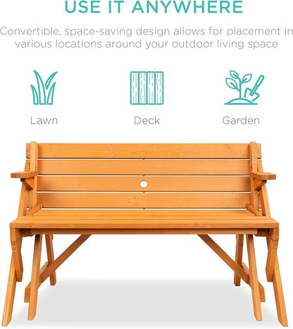Best Choice Products 2-in-1 Transforming Interchangeable Outdoor Wooden Picnic Table Garden Bench for Backyard, Porch, Patio, Deck w/Umbrella Hole - Natural