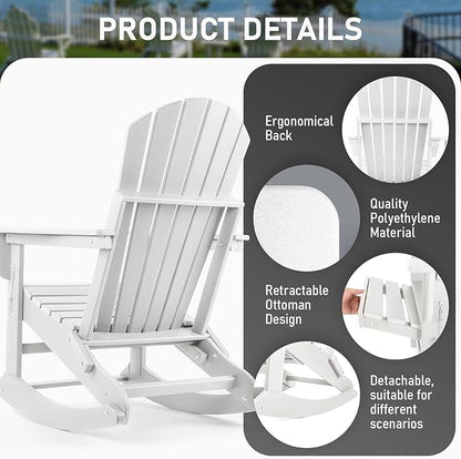 FUNBERRY Adirondack Rocking Chairs Set of 2, Multifunctional 4-in-1 Porch Rocker with Retractable Ottoman & Cup Holder HDPE All Weather
