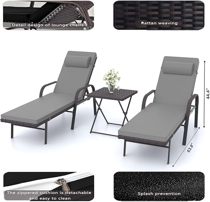 Patio Chaise Lounge Set 3 Pieces Outdoor Lounge Chair with Rattan Adjustable Backrest Armrest and Folding Table for Beach Patio,Sand, for Poolside Backyard Porch