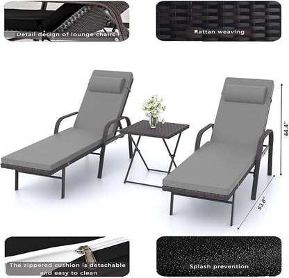 Patio Chaise Lounge Set 3 Pieces Outdoor Lounge Chair with Rattan Adjustable Backrest Armrest and Folding Table for Beach Patio,Sand, for Poolside Backyard Porch