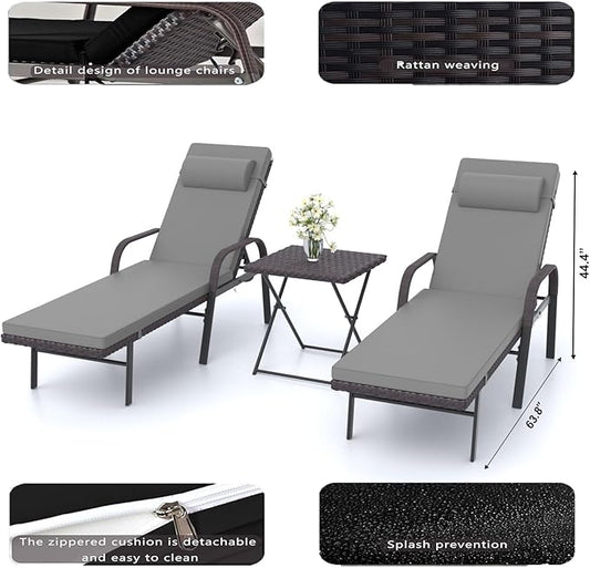 Patio Chaise Lounge Set 3 Pieces Outdoor Lounge Chair with Rattan Adjustable Backrest Armrest and Folding Table for Beach Patio,Sand, for Poolside Backyard Porch