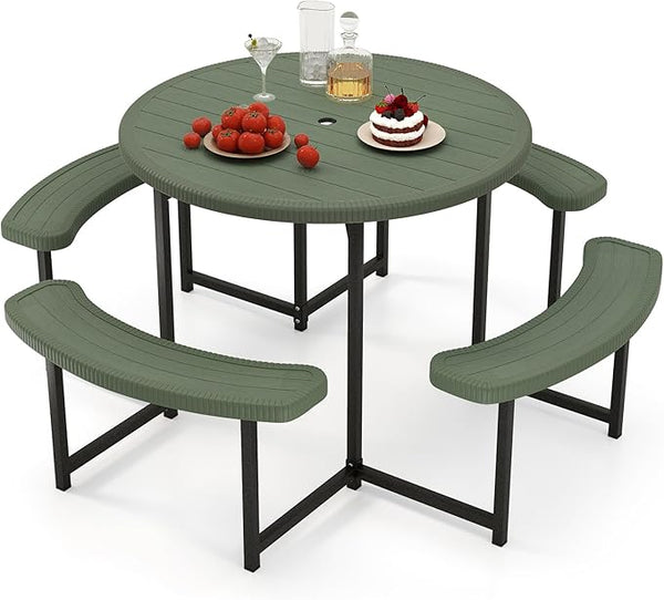 Giantex Picnic Table Bench Set for 4-8 Person, Round 37” Outdoor Dining Table w/Umbrella Hole, HDPE Tabletop - Photo 1