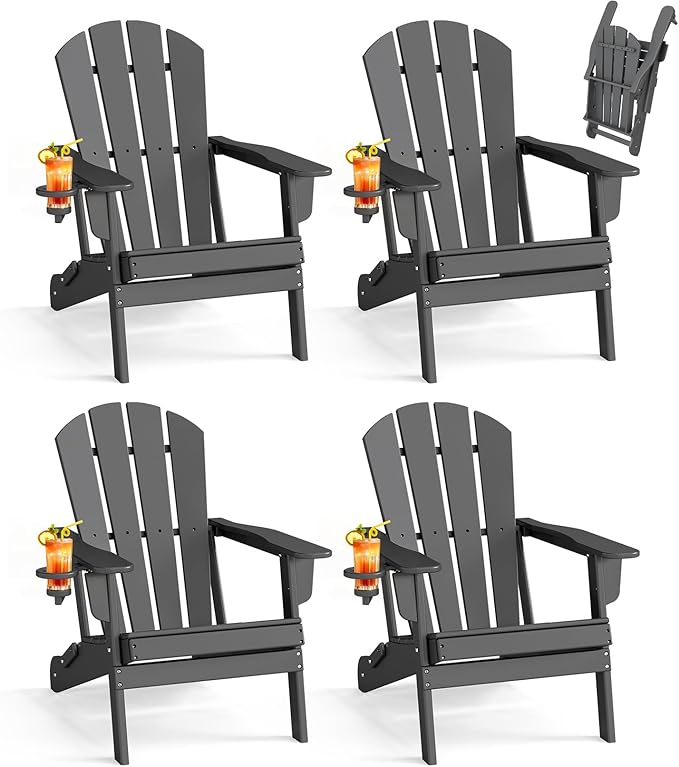 BRIOPAWS Folding-Adirondack-Chairs Set of 4 | HDPE Plastic | Fire Pit Chair | Cup Holder | Curved Back | All Weather | for Outdoor Backyard Deck Patio | Grey