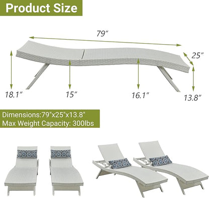 Outdoor Wicker Reclining Lounge Chair, 79" Rattan Patio Chaise Lounges for Poolside, Garden, Backyard, Set of 2, 5-Position Adjustable Backrest, Beach Sunbathing Chairs, White