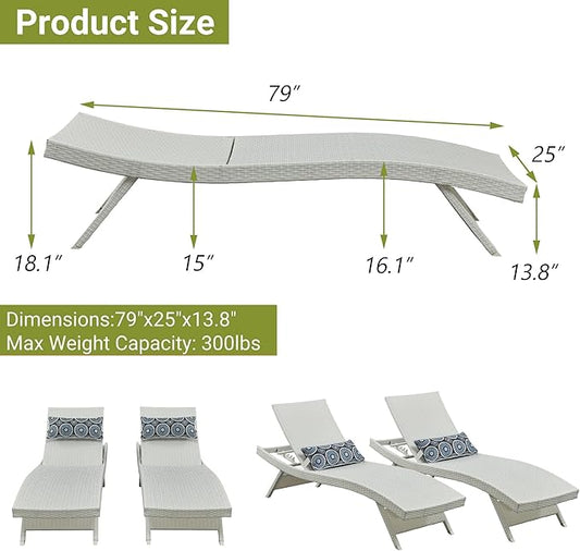 Outdoor Wicker Reclining Lounge Chair, 79" Rattan Patio Chaise Lounges for Poolside, Garden, Backyard, Set of 2, 5-Position Adjustable Backrest, Beach Sunbathing Chairs, White