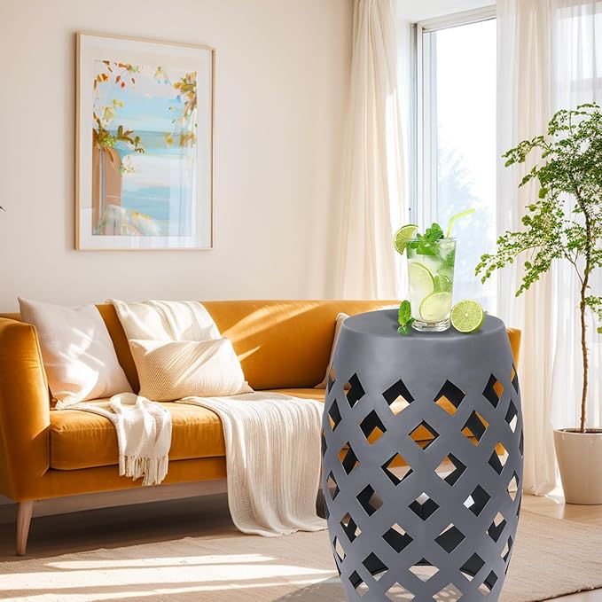 Vipush Outdoor Lace Cut Iron Side Table, Patio Garden Stool Coffee End Table Nightstand for Small Spaces, Living Room, Front Porch, Poolside, Gray