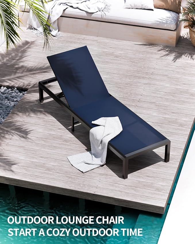 Aluminum Lounge Chairs Outdoor Chaise Furniture,2 Sets Patio Metal Deck Lounger Adjustable 5-Position Poolside Chase Recliner with Wheels for Beach,Coffee Table, (NavyBlue, 1 Chair)