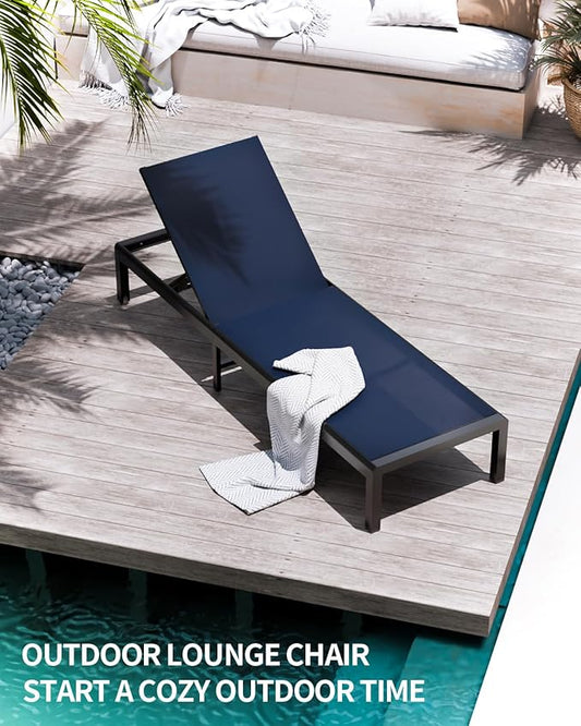 Aluminum Lounge Chairs Outdoor Chaise Furniture,2 Sets Patio Metal Deck Lounger Adjustable 5-Position Poolside Chase Recliner with Wheels for Beach,Coffee Table, (NavyBlue, 2 Chair＋Table)