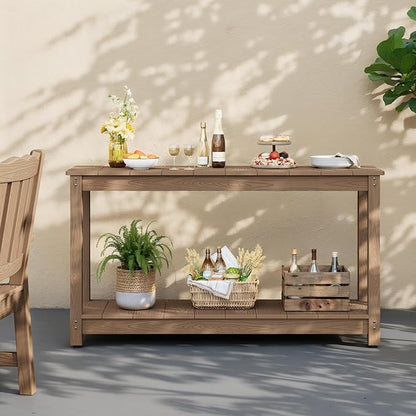 Stoog All-Weather Patio Console Table, 2-Tier Outdoor Table with Adjustable Feet, Never Fade or Rot, for Backyard, Deck, Entryway, and Garden, Teak