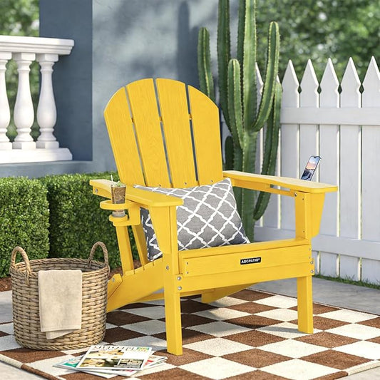 Folding Adirondack Chair with Dual Cup Holders, All-Weather HDPE Patio Chair Deck Chairs Outdoor, Fire Pit Chairs for Garden, Lawn, Poolside, Backyard, Pool - Yellow (Wood-Look)