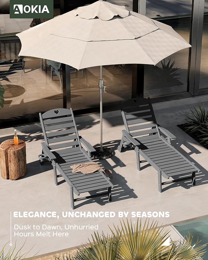 Aokia Pool Lounge Chairs,Chaise Lounge Chair Outdoor with Wheels & Cupholder | Oversize HDPE 6-Position Outdoor Chairs for Patio, Lawn, Garden, Poolside (Grey)