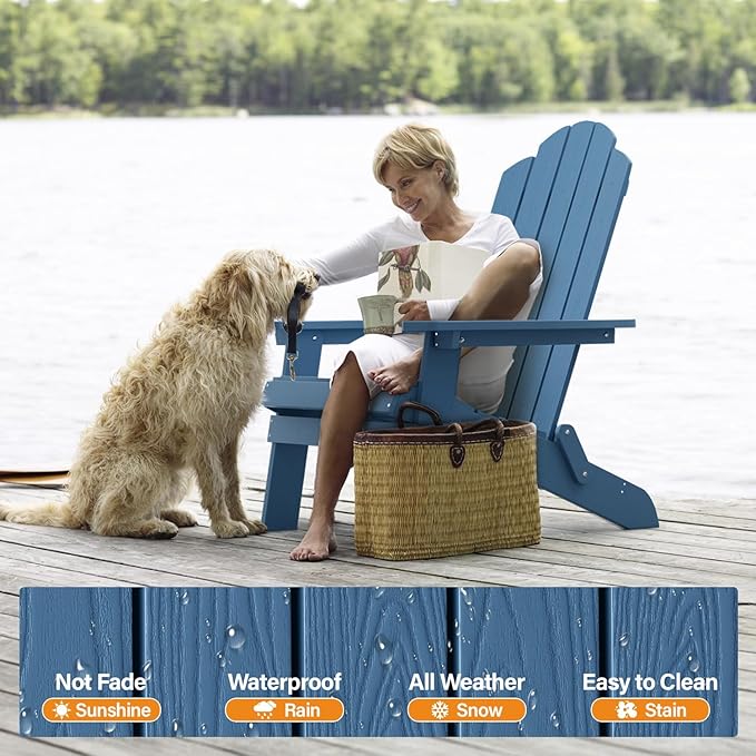 MXIMU Folding Adirondack Chair for Outdoor: Easy Assembly and Comfortable Adirondack Chairs - Foldable Composite Fire Pit Chairs - All Weather Plastic Chair for Outside Patio Lawn Garden Backyard Use