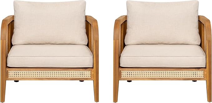 Christopher Knight Home Set of 2 Tilden Bohemian Acacia Wood Patio Accent Chairs, Wicker Lounge Chair Outdoor, Patio Furniture Single Sofa with Cushion, Comfy Garden Reading Chair, Teak+Beige